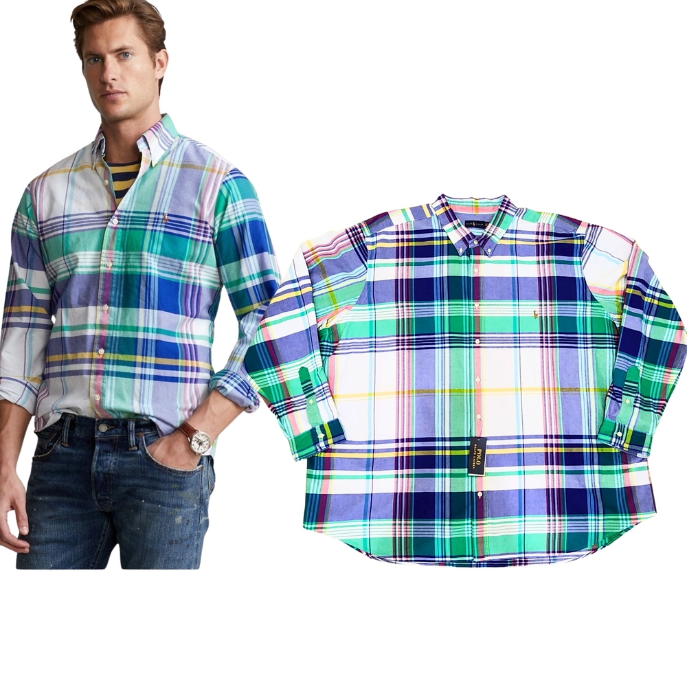 Polo‎ Ralph Lauren Blue and Green Plaid Classic Fit Shirt, 4XB